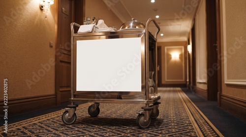 Room Service Food Trolley with Blank White Sign in a Luxury Hotel Corridor Hall