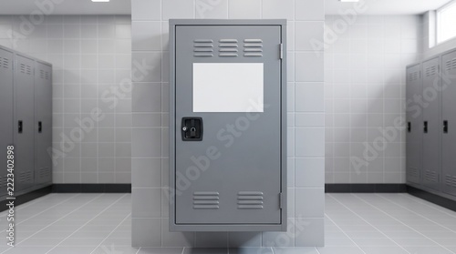 Single Grey Metal Locker with Blank White Label in a Tiled School Hallway Settin