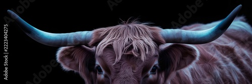 Highland cow head with long curved horns close up view for farm animal and rustic livestock visual display