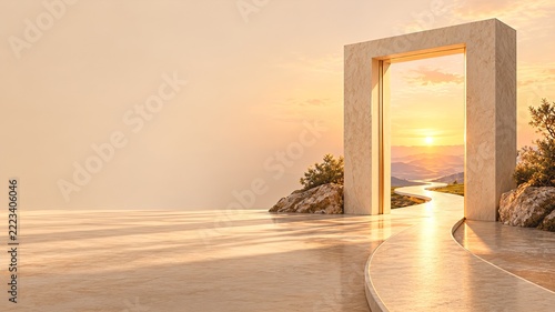 New Year Fresh Start Concept with Open Architectural Doorway and Sunrise