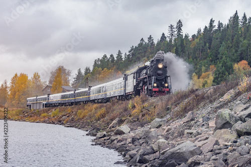 Retro steam train moves along the lake.
