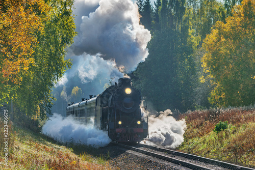 Retro steam train moves in the autumn forest.
