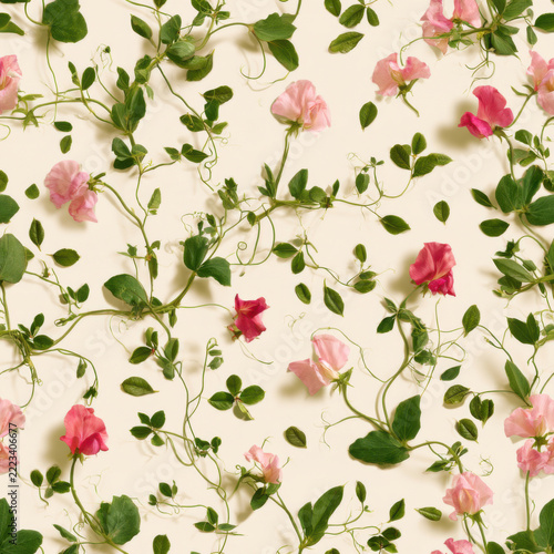 Seamless pattern, miniature sweet pea tendrils and tiny citrus leaves, muted pastel sunny cream background, flat 2D graphic, crisp clear contours