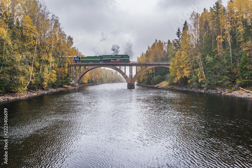 Retro steam train moves across the bridge.
