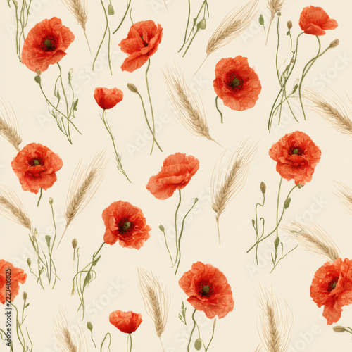 Seamless pattern, miniature wild poppies and slender wheat ears, soft pastel oatmeal beige background, clean 2D vector
