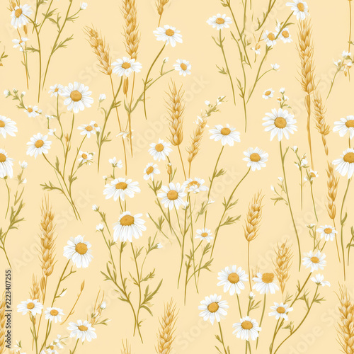 Seamless pattern, tiny delicate chamomile flowers and slender wheat stalks, muted pastel buttercup yellow background, clean flat vector illustration,