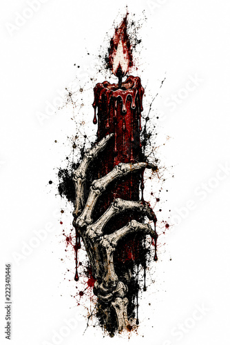 A skeletal hand clutches a blood-red candle.