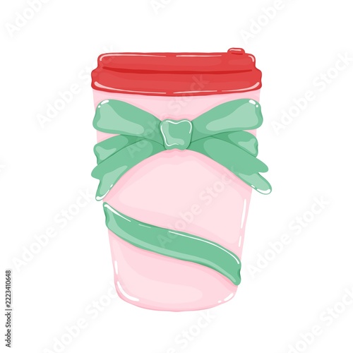 Cute Christmas Coffee Cup Clipart Paper Cup with Green Bow Isolated on White Background
