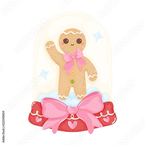 Cute Christmas Gingerbread Snow Globe Clipart with Pink Bow Isolated on White Background