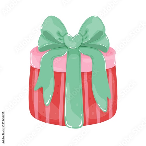 Cute Christmas Gift Box Clipart Round Present with Green Bow Isolated on White Background