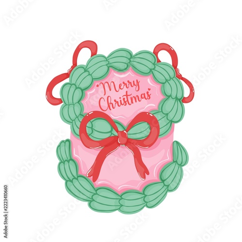 Cute Christmas Wreath Clipart with Merry Christmas Text and Red Bow Isolated on White Background
