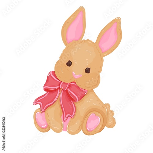 Cute Christmas Bunny Clipart with Red Bow Isolated on White Background