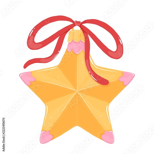 Cute Christmas Star Bauble Clipart Ornament with Red Bow Isolated on White Background
