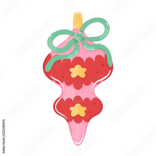 Cute Christmas Vintage Bauble Clipart Ornament with Green Bow Isolated on White Background