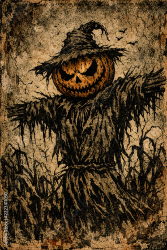 A spooky pumpkin scarecrow in a vintage grunge Halloween atmosphere.