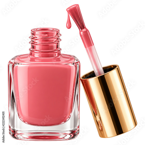 Open glass bottle of coral pink nail polish with a metallic gold cap and applicator brush isolated on a transparent background