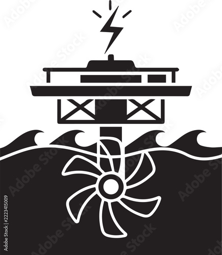 Monochromatic vector icon depicting a tidal energy generator with a submerged turbine and waves, producing electricity indicated by a lightning bolt.