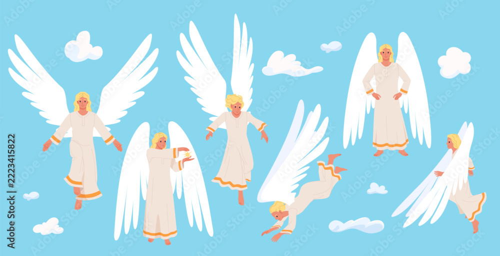 Fototapeta premium Set of heavenly angel characters with white wings, robes and blond hair floating among clouds in blue sky, isolated on white background vector illustration
