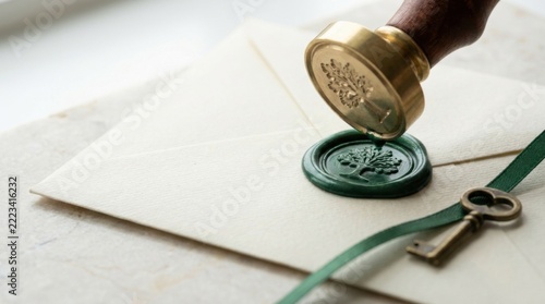 Brass Wax Stamp Pressing Green Sealing Wax on Letter Envelope