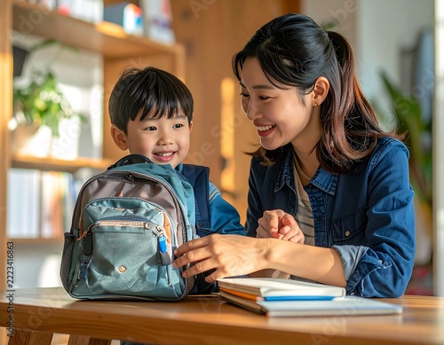 Asian Mother Helping Child Prepare School Backpack at Home