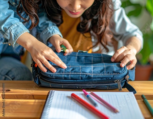 Asian Mother Helping Child Prepare School Backpack at Home