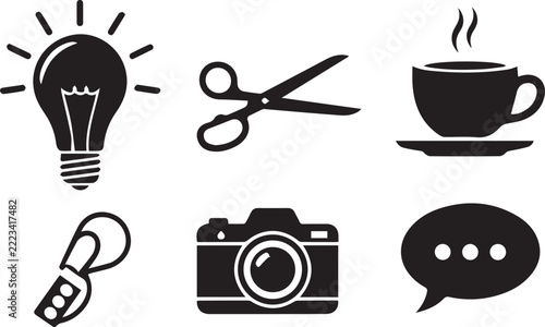 Vector black silhouette icons set featuring a lightbulb, scissors, steaming coffee cup, microphone, camera, and speech bubble, isolated on white background.