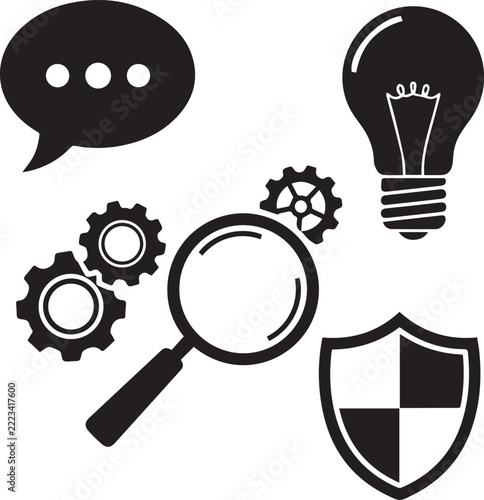 Vector black silhouette icons depicting a speech bubble, light bulb, magnifying glass with gears, and a checkered shield, isolated on transparent background.