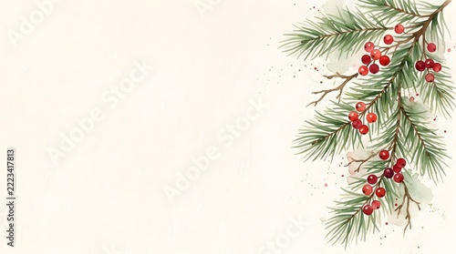 Watercolor christmas pine branch with red berries on a white