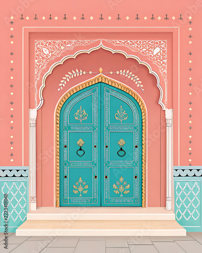 Indian haveli entrance, minimal premium vector style, vibrant turquoise double doors, coral pink architecture, delicate gold decorative motifs, modern simplified geometry