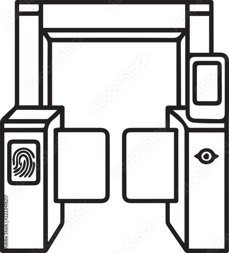 Vector line art icon of a security gate with biometric fingerprint and facial recognition scanners, isolated on a white background.