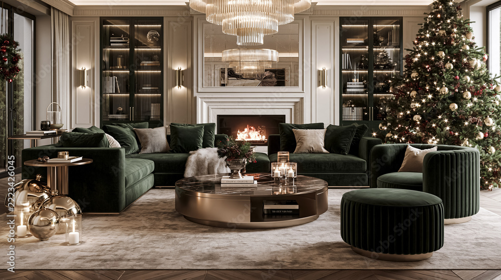 Naklejka premium Modern luxury living room featuring a green velvet sofa, illuminating Christmas tree, warm fireplace, and decorative elements creating a festive atmosphere