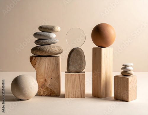 A still life arrangement of various stones and wooden blocks, showcasing balance and simplicity