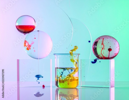 A vibrant science experiment featuring colored liquids in a beaker and spheres, with liquid droplets falling and splashing, against a gradient background