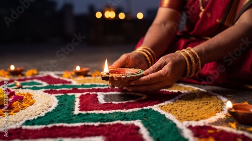 Indian woman holding lit diya lamp over colorful rangoli pattern for