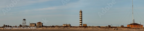 Abandoned polar station on Dunay Island in the Laptev Sea. Russia. Panorama