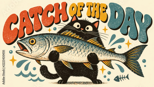 Cat holds big fish in fun art