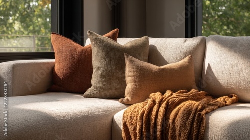 Cozy couch with pillows and throw