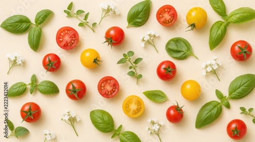 A flat lay of red and yellow cherry tomatoes, fresh basil leaves, and small white flowers arranged on a light background.