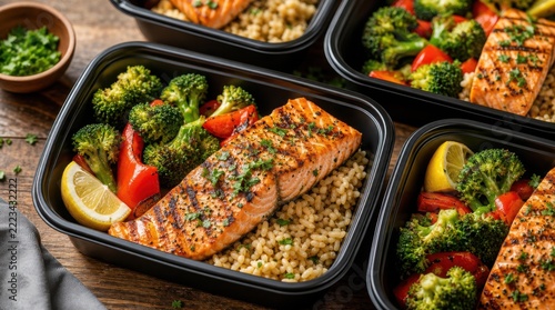 Grilled salmon with broccoli, red bell peppers, lemon, and brown rice in meal prep containers ready for healthy eating.