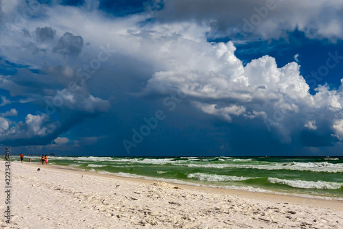 Seascape with thunderclouds in dark blue sky