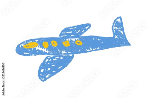 Childlike crayon-style drawing of a blue airplane with yellow windows and cockpit. Playful textured illustration perfect for kids art, education