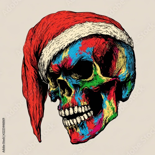 Bold illustration of a holiday skull with red hat and fierce mood