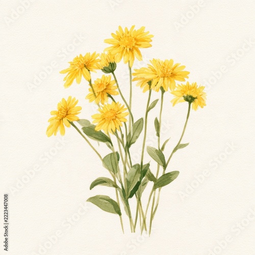 Botanical watercolor of arnica flowers: gentle brushwork, light background, natural arrangement