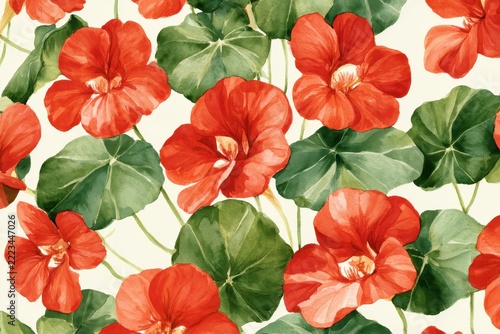 Botanical Watercolor Painting of Nasturtium Blossoms and Round Leaves