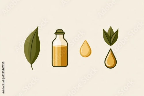 Brand Identity Icons: Olive leaf, bottle, and amber oil droplets in clean flat illustration