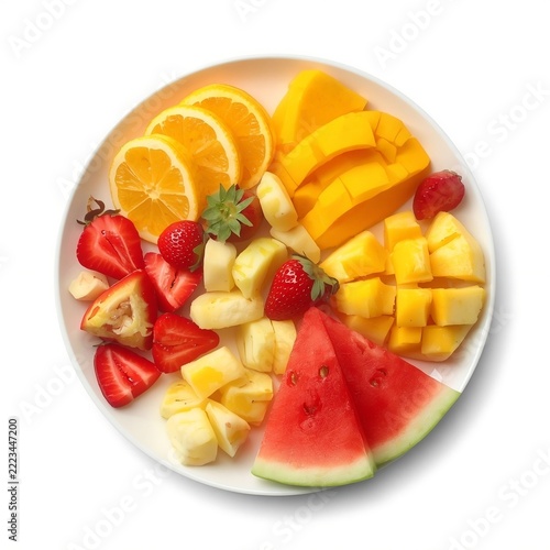 Assorted fresh cut fruit platter on a white plate in 3D minimal style isolated on white background