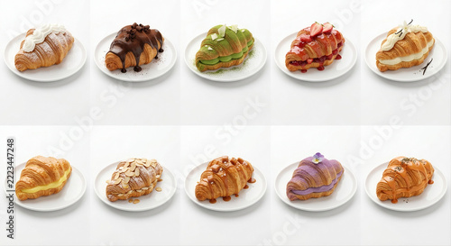 Collection of 10 distinct gourmet croissants with various fillings in 3D minimal style isolated on white background