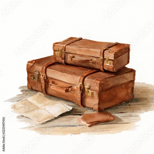 Brown-toned watercolor suitcases beside map and passport for travel mood