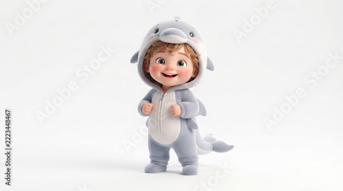 Adorable 3d render of a cute little toddler smiling happily while wearing a soft grey dolphin animal costume on a plain white background