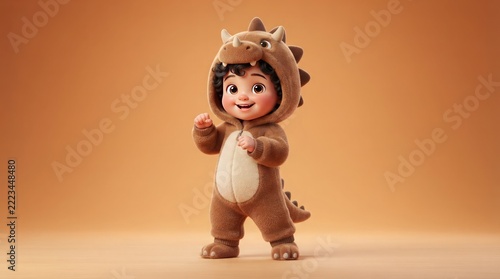 Adorable little baby boy wearing a fluffy brown dinosaur costume smiling happily in a studio setting with a warm background